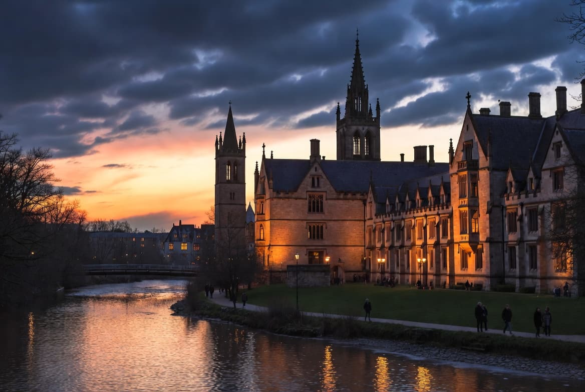 University buildings along the river at dusk